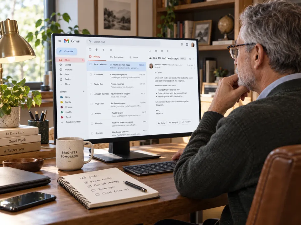 A man reading a Gmail message about Q3 results and next steps