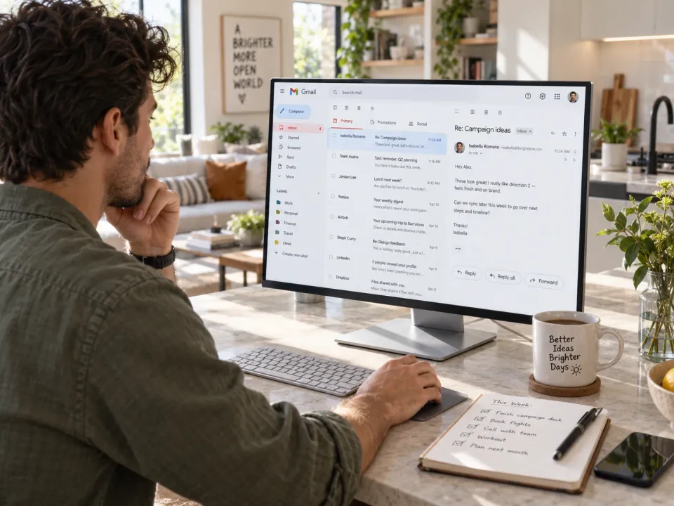 A man reading a Gmail reply about campaign ideas