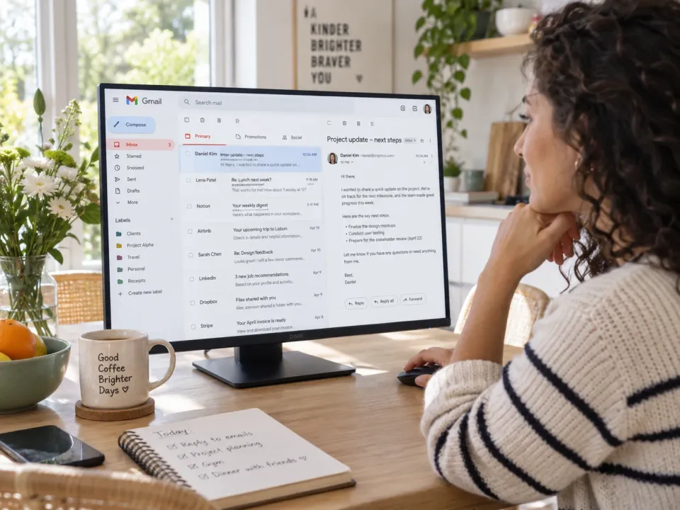 A woman reading a Gmail project update with next steps