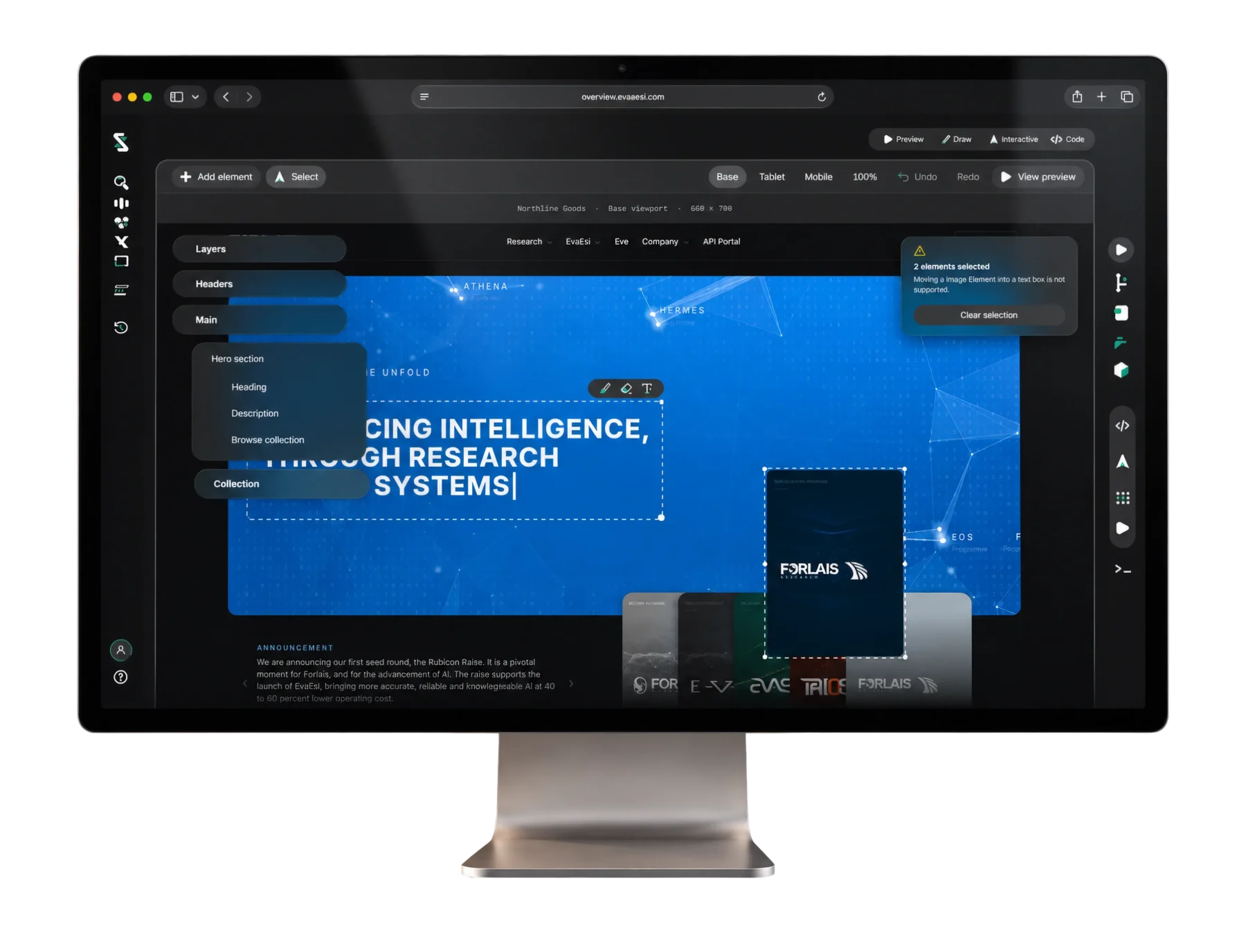 Elements on a desktop display, editing a website's hero section with its layers beside it